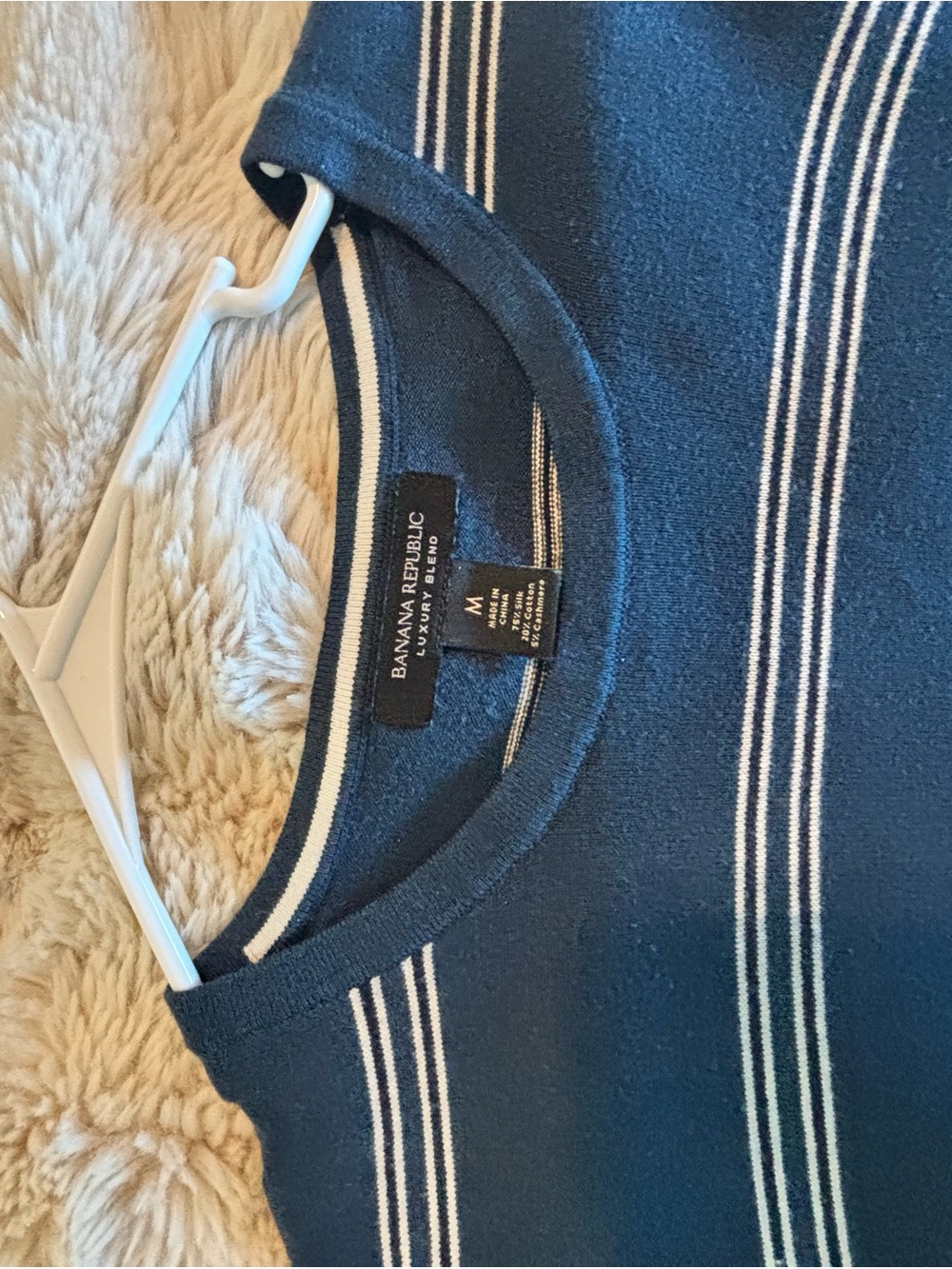 Banana Republic Men's Navy Crewneck Sweater with White Stripes